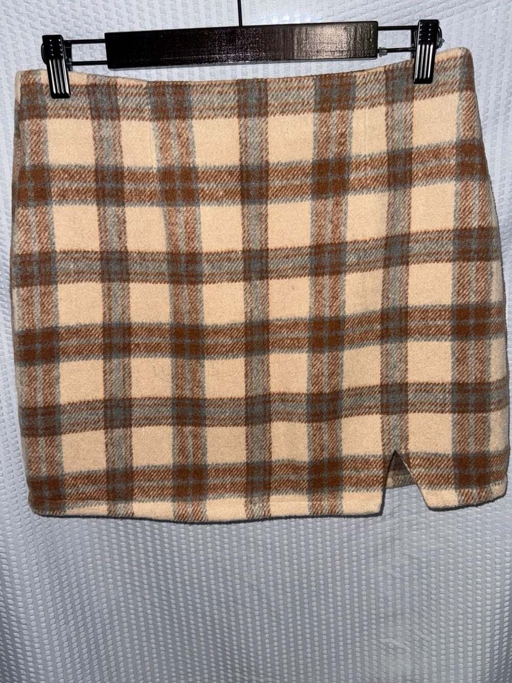 Pink Lily Tan and Brown Plaid Mini Skirt with Side Slit Size M